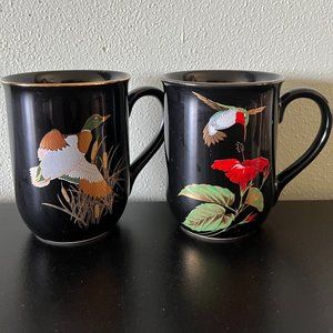 Pair of Otagiri Japan Cups Mugs ~ Hummingbird ~ Duck ~ Black w/ Metallic Gold